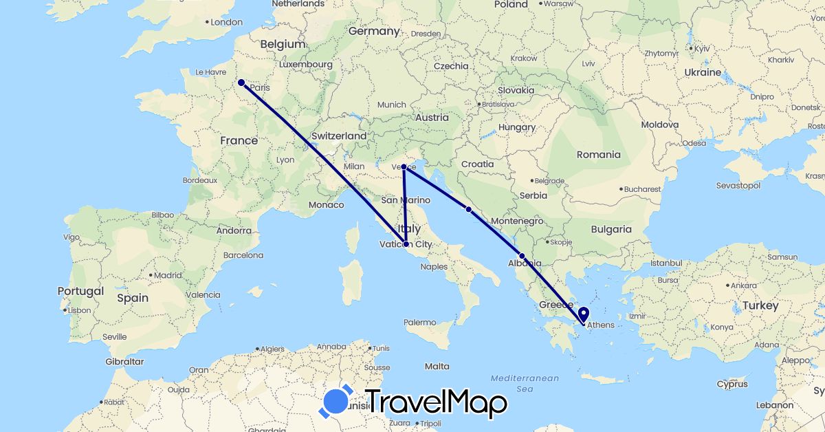 TravelMap itinerary: driving in Albania, France, Greece, Croatia, Italy (Europe)